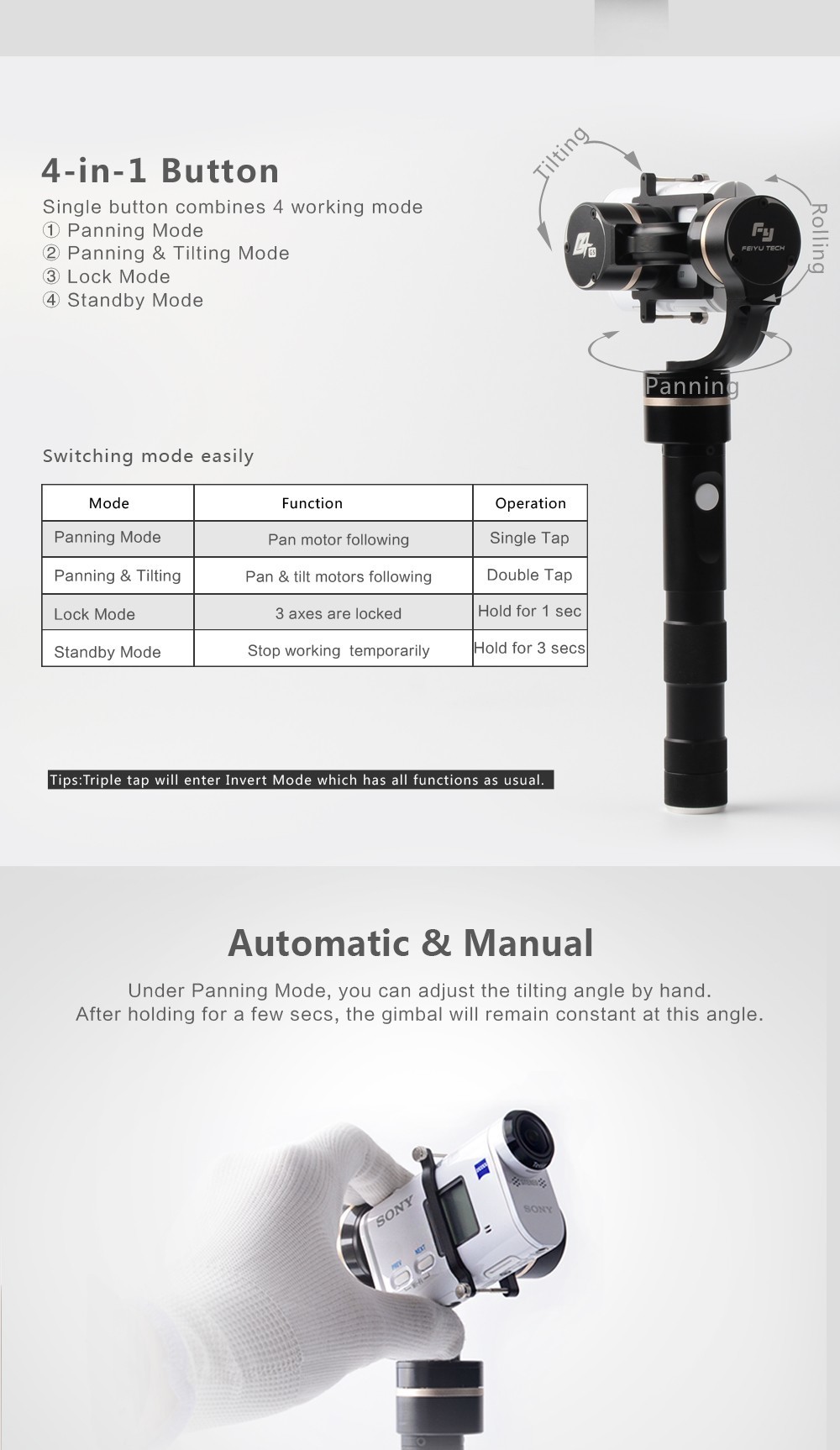 Feiyu Tech FY-G4 GS ソニーアクションカム用 3軸ジンバル - ビデオカメラ